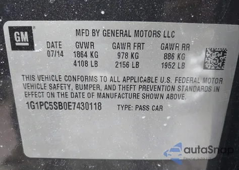 2014 Chevrolet Cruze 1Lt Auto z USA, uszkodzony, nr VIN 1G1PC5SB0E7430118